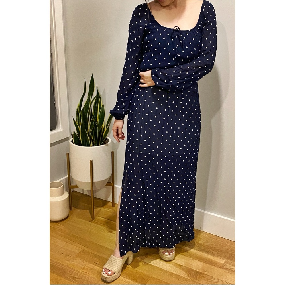 Reformation Navy and white polka dot long sleeve maxi dress